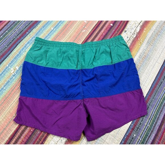 Vtg 90s Players By Van Heusen Sport Swim Trunks Green Blue Purple Colorblock M - Picture 3 of 7